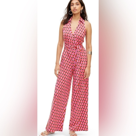 Diane Von Furstenberg Pants - Diane Von Furstenburg DVF X Target - pink geometric collared jumpsuit Small